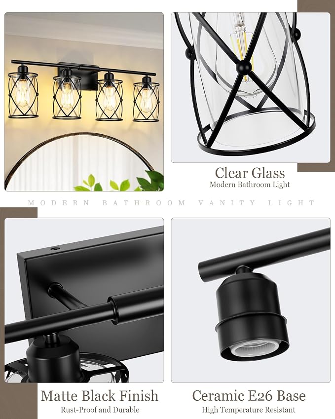 4-Light Black Bathroom Light Fixtures, 29 Inch Modern Bathroom Vanity Lighting Fixtures Over Mirror with Clear Glass and Metal Cage Wall Sconce Lights for Bath, E26, CH9176BK-4W