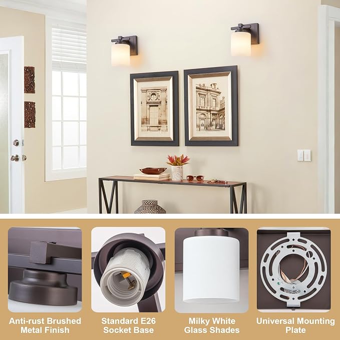 Modern Bathroom Light Fixtures Over Mirror, Vanity Lights for Bathroom Wall Sconces with Milky White Glass Shades, E26 Socket (Bulbs Not Included), 1 Light, Oil Rubbed Bronze