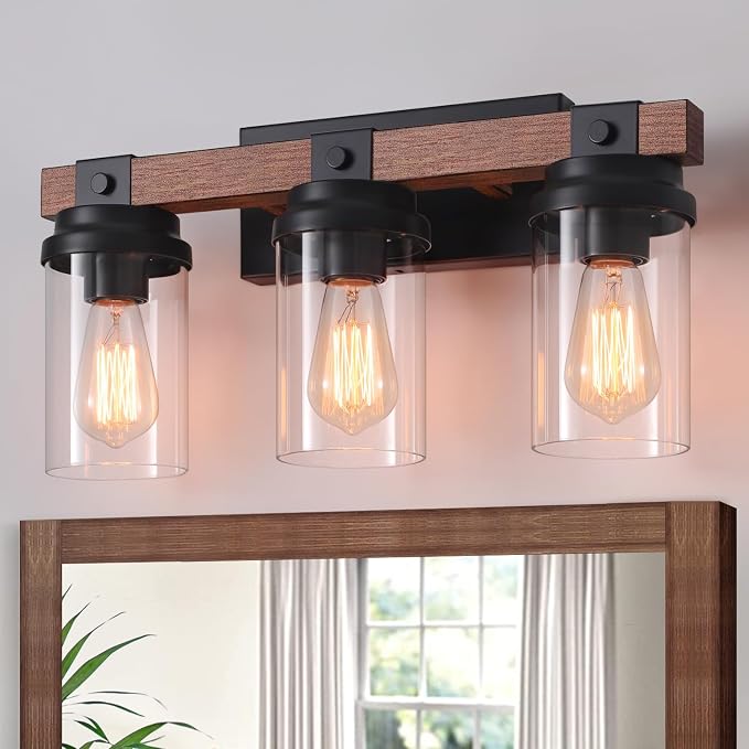 3-Light Farmhouse Vanity Lights Bathroom Lighting Fixtures Over Mirror | Faux Wood Rustic Wall Mount Light with Clear Glass Shade,Industrial Black Metal Wall Sconces for Bathroom Living Room