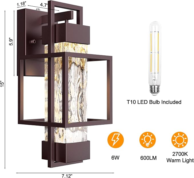 Modern Outdoor Light Fixture Dusk to Dawn Outdoor Lighting, 15" H Exterior Wall Sconce Waterproof Porch Light, Outside Light for House with Water Glass for Garage Doorway, Oil Rubbed Bronze