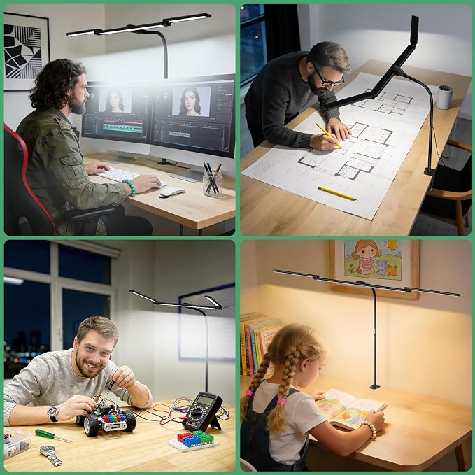 LED Desk Lamp for Home Office,3 Lamp Bars, 5 Color Temperatures & 10 Dimming Brightness, Flexible Neck, 15W USB Adapter Desk Light with Clamp for Reading, Study, Craft (Black)