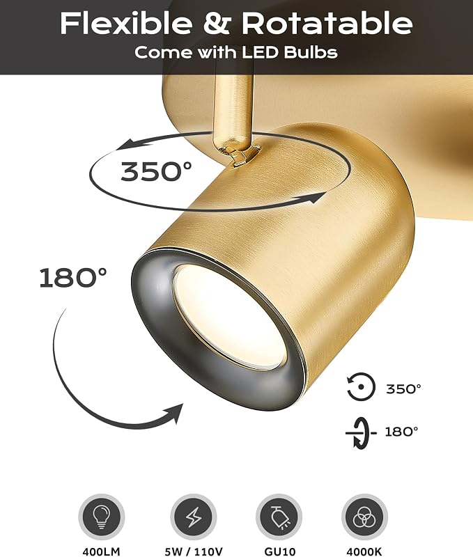 FEMILA Brushed Gold Round Track Lighting Kit, 3000K Bulbs Included, 3 Light Track Lighting Fixtures for Kitchen, Bedroom, Office, GU10 Base, 4FS78F-3 BG