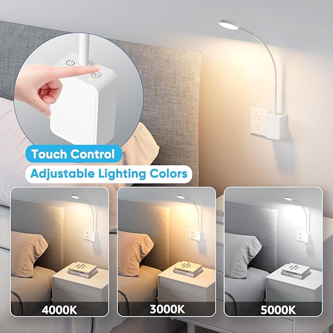Plug in LED Book Reading Light, White Flexible Dimmable Wall Sconce Night Lamp with Plug for Bedroom Kitchen Kids Room, Dual Touch Switch, 3 Lighting Colors, 110° Wide Light Angle