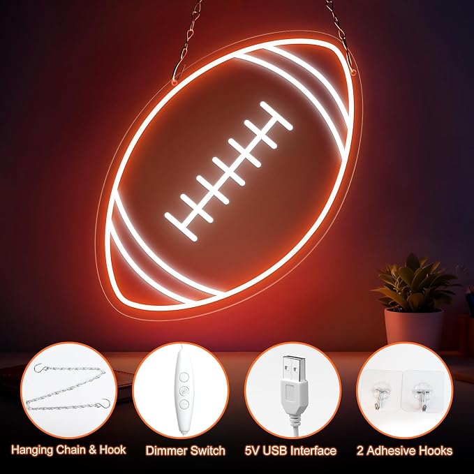 Football Neon Sign, Dimmable 16 x 10 In Football LED Sign with USB Power and ON/OFF Switch, Football Wall Decor for Boys Room, Teen Bedroom, Man Cave, Game Room, Football Gifts for Kids and Fans