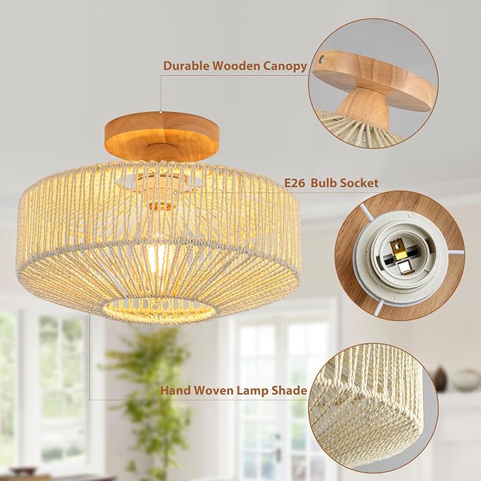 Rattan Light Fixtures Ceiling Flush Mount Boho Chandelier Bedroom Chandelier Ceiling Light for Nursery Hallway Entryway Kitchen Bathroom (Beige)