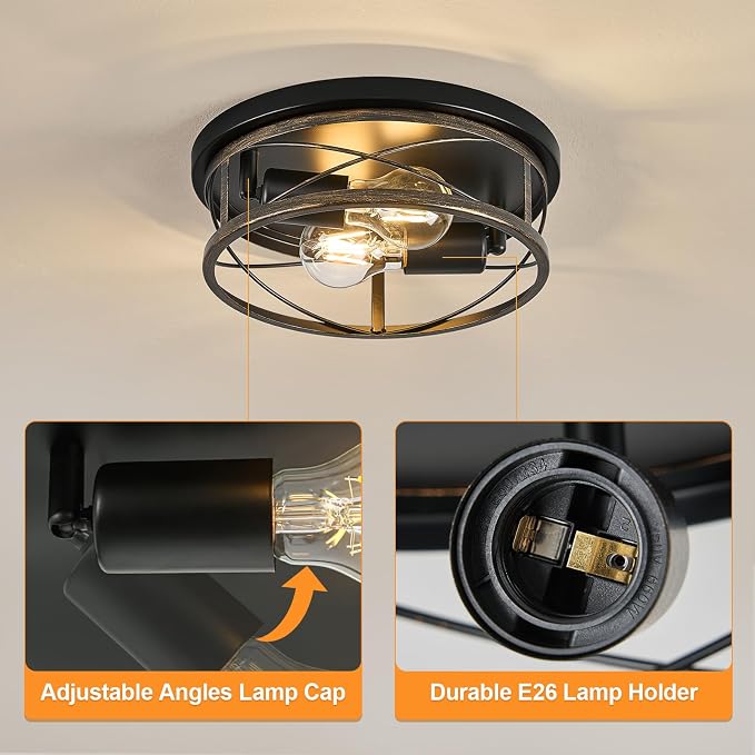 Farmhouse Lights, Rustic Black Industrial Flush Mount Ceiling Light, Ceiling Lamp Farmhouse Lighting Fixture for Hallway, Bedroom, Kitchen, Entrance, 2-Light
