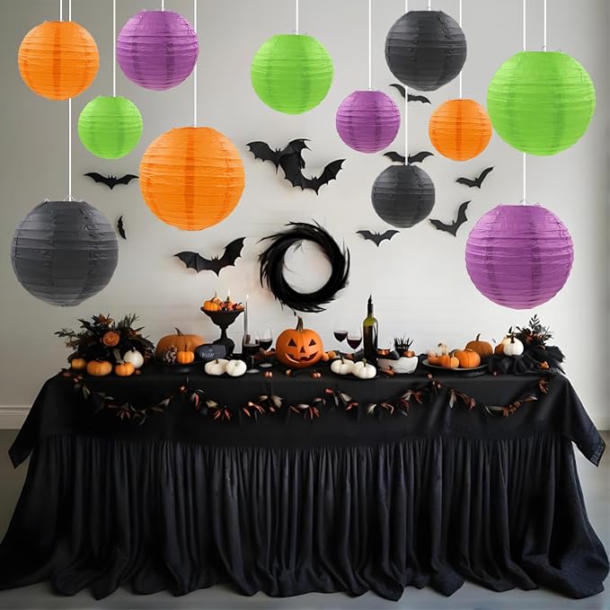 Halloween Paper Lanterns Black Purple Orange Green Halloween Party Decorations for Birthday Baby Shower Bachelorette Wedding Bathroom Hanging Supplies (12 PCS)