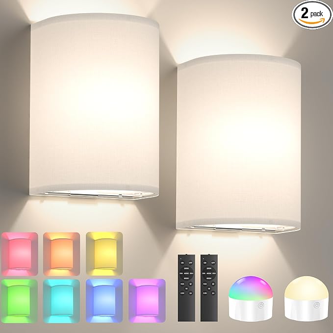 Battery Operated Wall Sconce Set of Two: 10000mAh Wireless Wall Light with Rechargeable Magnetic Bulb - Dimmable Wall Lamp with 7 RGB Colors - Linen Shade Sconces with Remote for Bedroom Living Room | Wireless Wall Light with Magnetic Bulb - Dimmable 7...