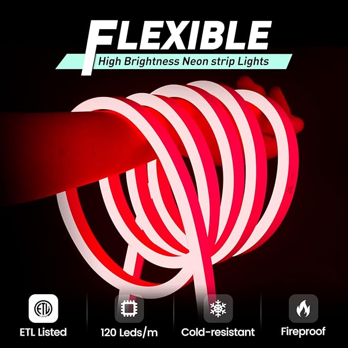 GZBtech Flexible LED Neon Rope Lights 66FT,AC 110-120V Waterproof Strip Light, 120 LEDs/M Cuttable Connectable Neon Lighting for Indoor Outdoor Home Decor/Commercial Building Use-Red 20M, ETL Listed