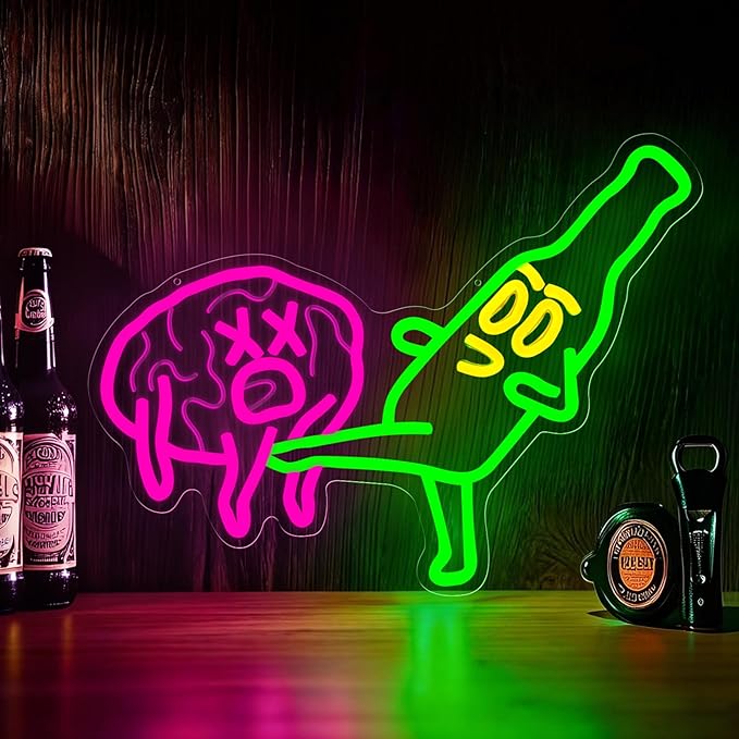 Funny Beer Neon Sign for Bar Man Cave Wall Decor Novelty LED Light | USB Powered Dimmable Funny Beer Neon Sign with Beer Kicking Brain Artwork for Bar Pub Man Cave Game Room Garage Decor