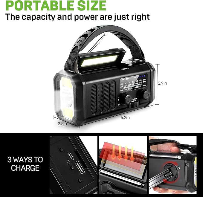 Emergency NOAA Weather Radio, 10000mAh/37000mWh, Solar Hand Crank Radio with AM/FM, Flashlight Reading Light, Rechargeable Battery, for Camping Safety & Survival Equipment Outdoor Emergencies