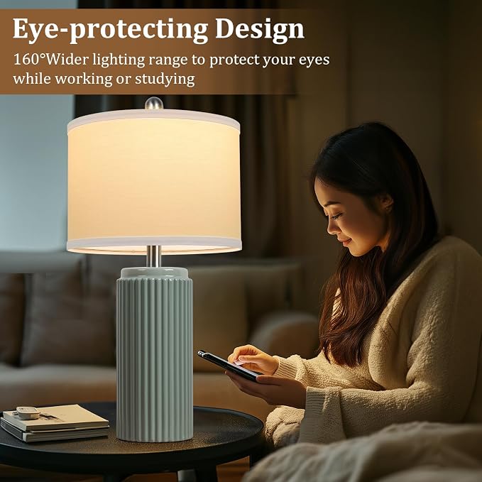 23.5" Green Ceramic Table Lamps Set of 2, Modern Nightstand Lamps | Bedside Table Lamps with White Linen Shade, Ideal Size, Farmhouse Home Decor for Living Room Bedroom Office End Table Dorm