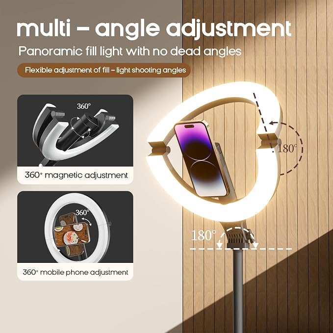 10" Magnetic Ring Light Overhead Camera Phone Mount, XINBAOHONG LED Selfie Light with Stand and Phone Holder, Rechargeable Desk Light for Video Recording（Standing）
