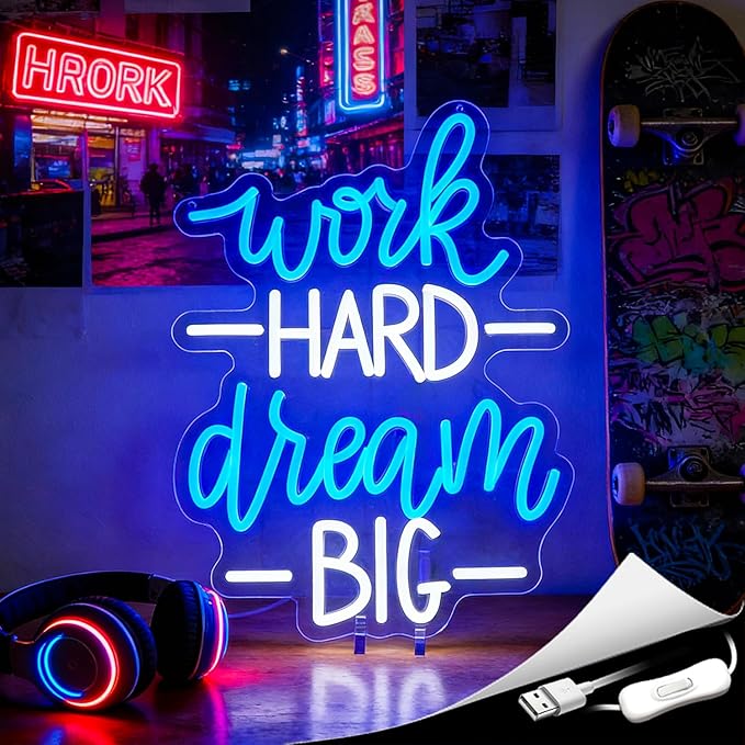 Whfobfe Work Hard Dream Big Neon Sign Led Office Decor Neon Lights Signs for Wall Decor USB Powered Led for Room Decoration Home Game Room Bar Party