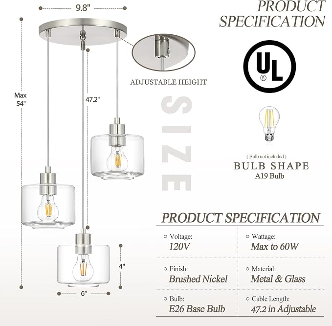 Brushed Nickel Dining Room Chandelier Light Fixture, 3-Light Pendant Lighting with Clear Glass, Modern Kitchen Island Cluster Hanging Pendant Lights for Kitchen Dining Room, OS-YQ8153-3BNC