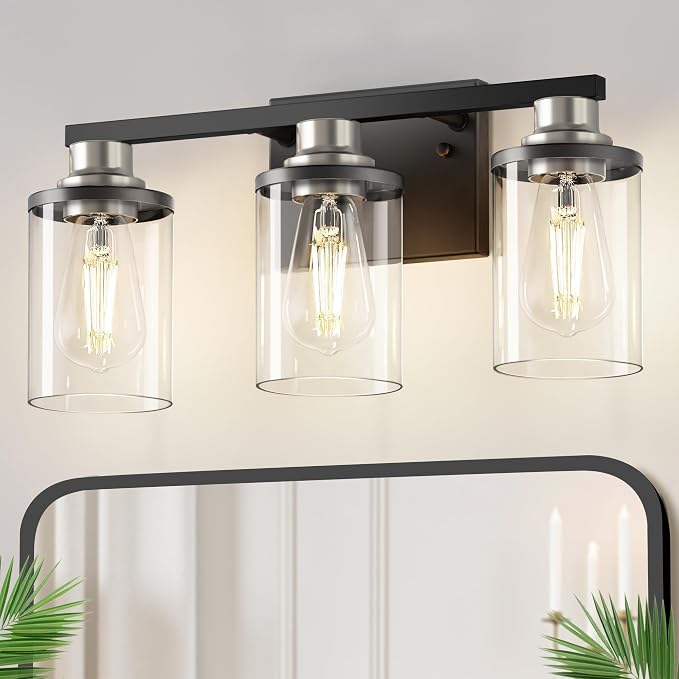 17 Inch 3-Light Black Nickel Bathroom Vanity Light | Modern Black Nickel Vanity Light Fixture, Clear Glass Shade Bathroom Wall Light, Mirror Lighting for Bedroom Living Room