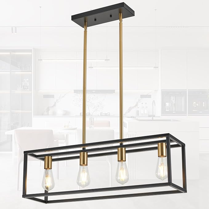 Black&Brushed Brass Kitchen Light Fixtures Farmhouse Rectangle Chandeliers Dining Room Light for Dining Rooms, Light Fixture Matte 4-Light Industrial Pendant Lighting