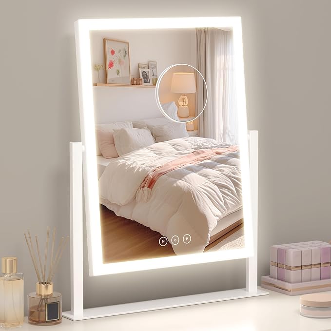 Acoolda Vanity Mirror with Lights,16.9"x 14" Lighted Makeup Mirror, Makeup Mirror with Lights,Three Color Lighting Modes, and 10X Magnification Mirror, Smart Touch Control, 360°Rotation White