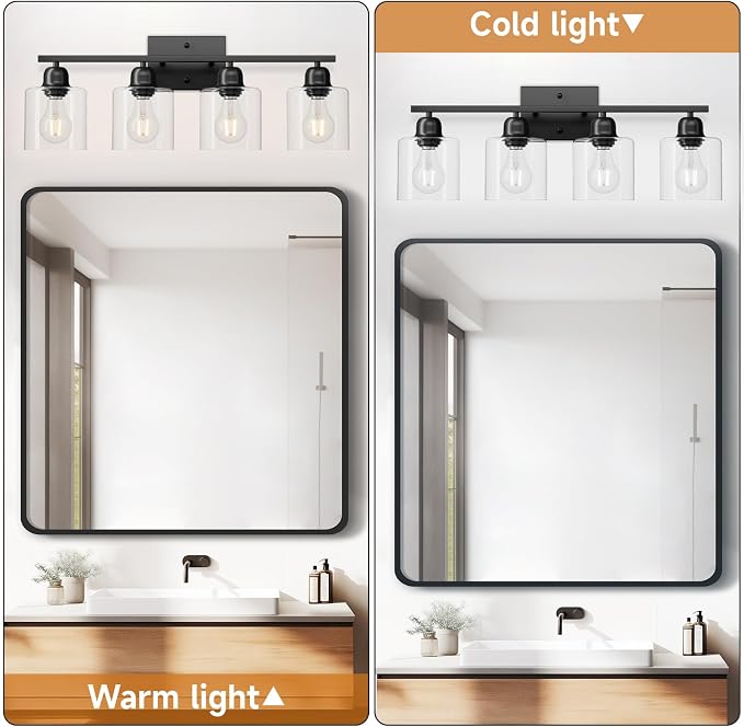 Modern 4 Light Bathroom Light Fixtures, 24 inch Black Vanity Lights for Bathroom with Clear Glass, Bathroom Vanity Light for Mirror Kitchen Living Room Hallway Cabinet Porch