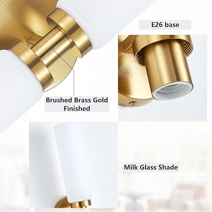 Lanhall 2 Light Brushed Brass Gold Bathroom Light Fixture Over Mirror, Modern Farmhouse Bathroom Vanity Lights with Milky White Frosted Glass Shade, Wall Sconce for Hallway Cabinet Bedroom Porch