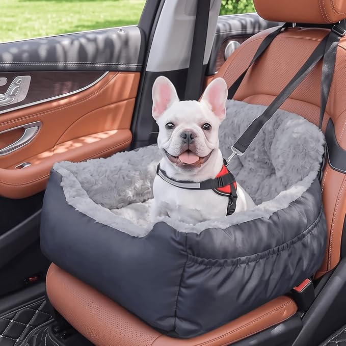Oiilores Dog Car Seat for Small Dogs, Washable Pet Booster Car Seats with Clip-On Safty Leash, Comfy Deluxe Plush Carseat with Storage Pockets, Puppy Travel Carrier Bed for Dogs Under 25 lbs, Grey
