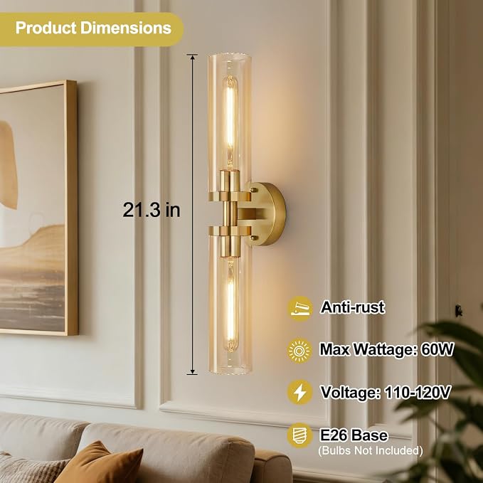 Indoi Wall Sconces Set of Two, Hardwired Brushed Gold Bathroom Sconces Wall Lighting with Amber Glass, Modern Sconces Wall Decor Set of 2 Vanity Light fixtures for Bathroom Mirror Bedroom