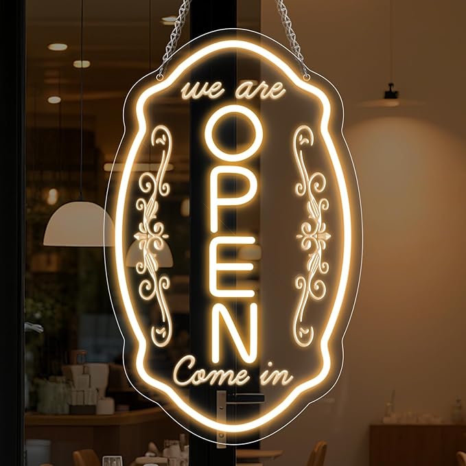 LED Neon Open Sign for Business, 16.5x10'' Come in We’re Open Sign, Warm White Adjustable Brightness Neon Lights for Party, Bar, Salon, Stores, Hotel, Wall Decor, Clubs, Hotels, Vertical
