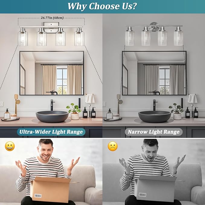 Modern Brushed Nickel Bathroom Light Fixtures, 4-Light Vanity Lights Over Mirror with E26 LED Bulbs Included, Wall Sconce with Clear Glass Shades for Living Room Bedroom Hallway Kitchen