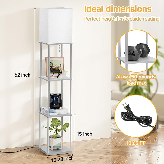 SHINE HAI Floor Lamp with Shelves, 3-Tier Square Modern Shelf Lamp | 3CCT Bright Bulb Included, Tall Standing Lamps for Living Room Bedroom Office