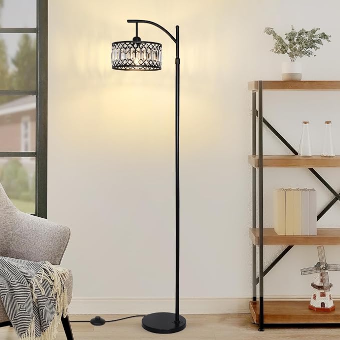 Crystal Floor Lamps for Living Room, Modern Arc Floor Lamp, Black Standing Lamp with Edison Bulb, Height Adjustable Tall Lamp for Bedroom, Corner Stand Up Lamp for Office, Arched Reading Light