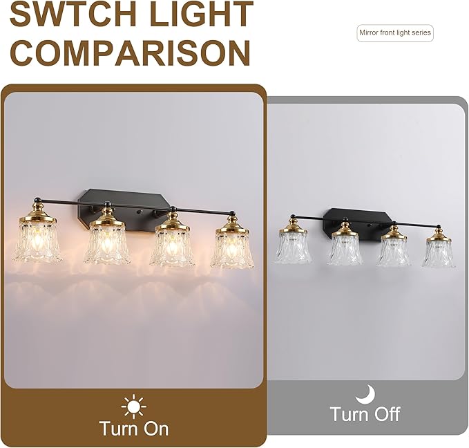 Vintage Bathroom Vanity Light Fixtures, Black and Gold 4-Light Vanity Light, Antique Bathroom Lighting Fixtures Over Mirror with Crystal Glass Shade, Vanity Lights for Bedroom Living Room Hallway