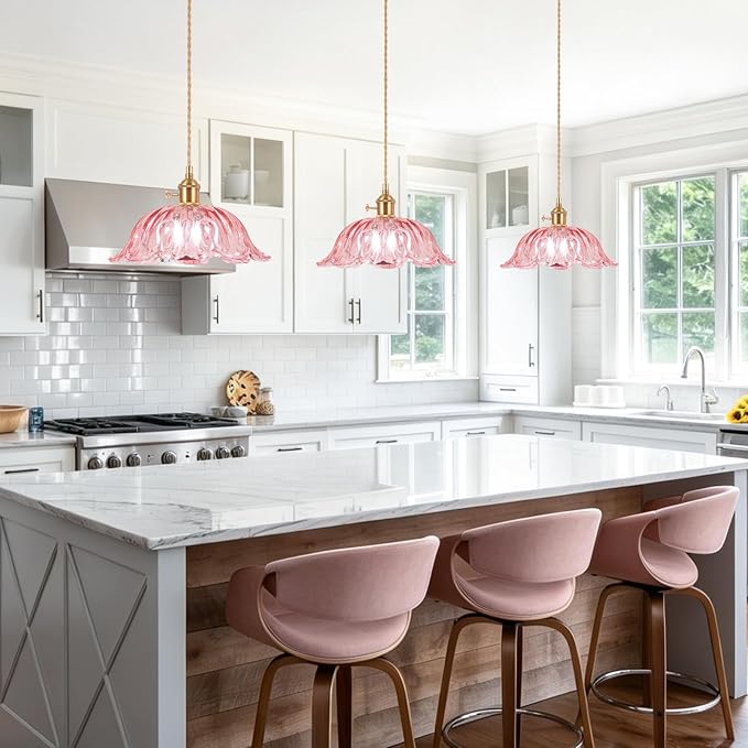 Plug in Pendant Light Fixtures,Hanging Light Fixture Corded On/Off Switch,10.6in E26 Pink Glass Lampshade Pendant Lighting for Kitchen Island, Bedroom, Dining Room