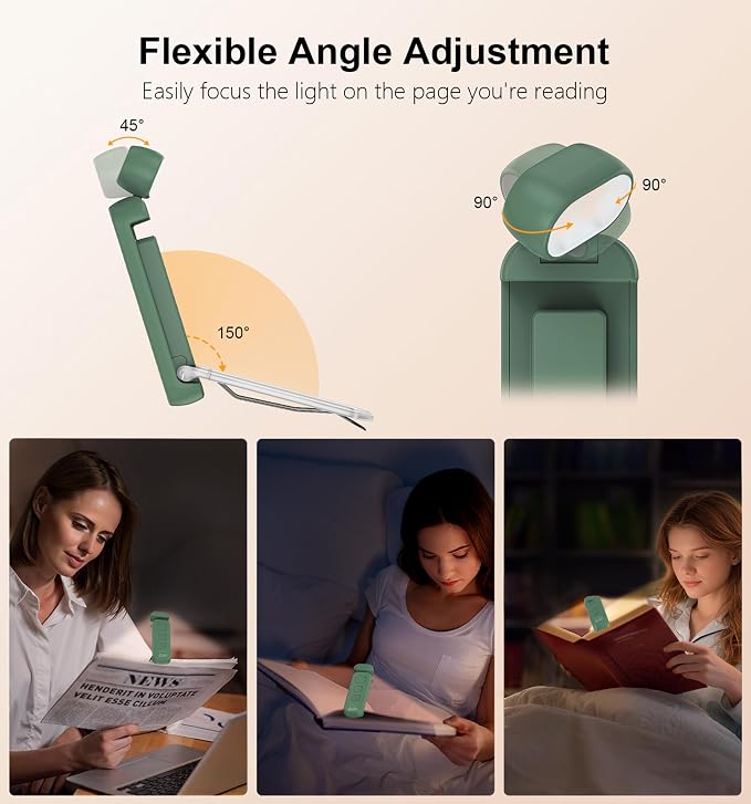 Gritin Reading Light, Rechargeable Book Light for Reading in Bed | Eye Caring 3 Color Temperatures, 5-Level Dimmable Brightness, Long Lasting, Compact Size Clip on Book Lamp-Dark Green