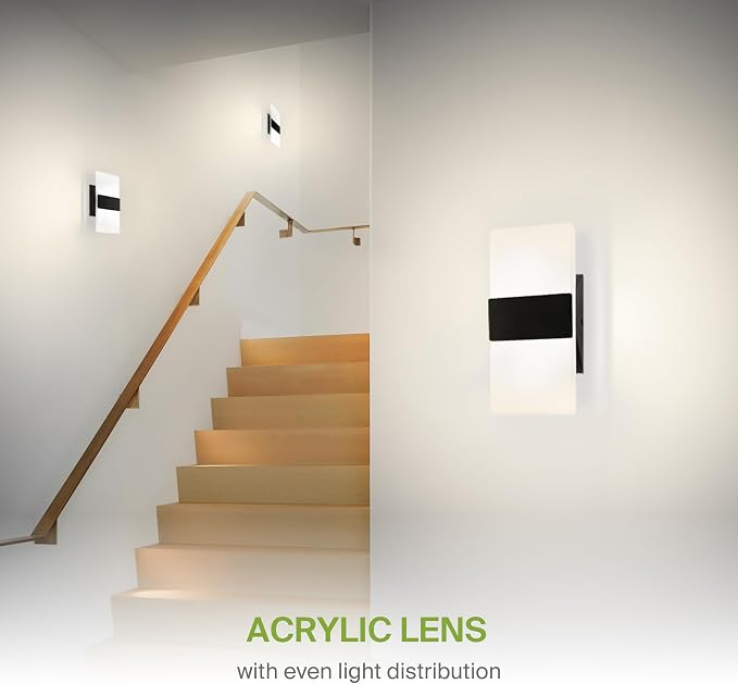 ASD 8 Inch Indoor LED Wall Sconce - 10W 2700K-5000K Dimmable Black Wall Sconce Lights for Living Room, Bedroom, Bathroom, Hallway - Modern Wall Sconces Hardwired, ETL Interior Light, Set of 2