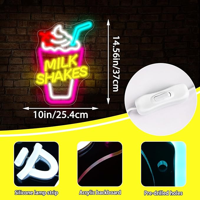 Milk Shake Neon Sign for Wall Decor Dimmable Ice Cream Neon light for Milk Tea Shop LED Neon Light Up Sign for Food Drink Restaurant Dessert Store Bar Birthday Gifts Art Size14.5 * 10In (WZCP221)