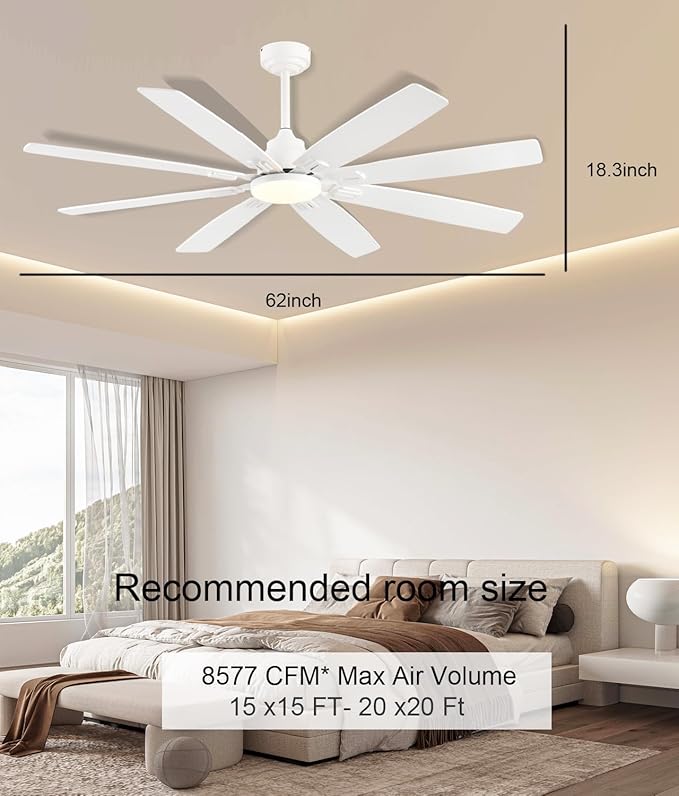 Ceiling Fan with Light and Remote/APP Control, 62 inch Large Low Profile Ceiling Fans for Living Room Patio, Quiet DC Reversible Motor, 8 Speed, 3CCT, Dimmable, Dual Finish 8 Blades, White