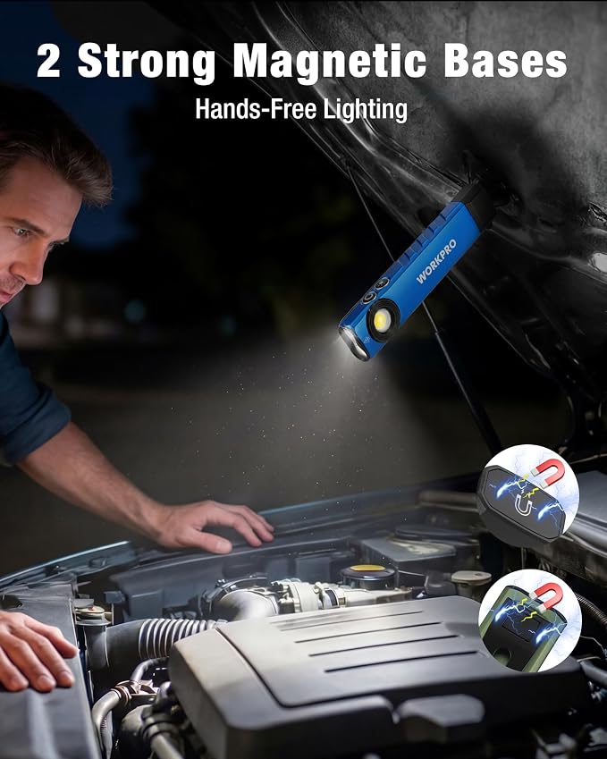 WORKPRO Rechargeable Pocket Flashlight, Magnetic EDC Light with UV, Blue | Compact, 600 Lumens LED & UV Light, 2 Magnetic Bases, Pocket Clip, 7 Modes, Garage, Repair & Emergency Use