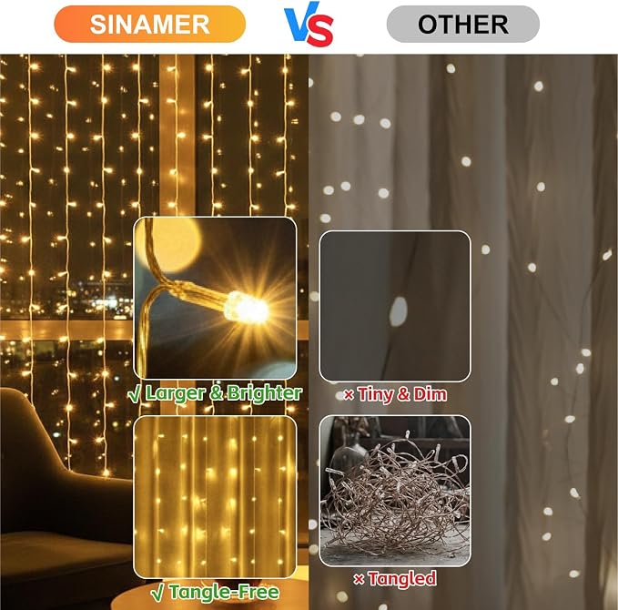 Curtain String Light, 300LED 9.8x9.8ft, Remote & 8 Modes, USB | Window Wall Hanging String Lights, For Bedroom, Wedding, Party, Home, Garden and Indoor Decorations, Warm White