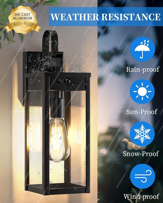 17" Solar Porch Lights Outdoor, with Motion Sensor, 2 Packs, Black | Waterproof, Motion Sensor, Dusk to Dawn, Modern Wall Sconce Lantern, For House Patio Garage