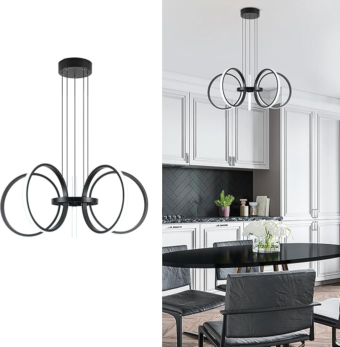 Mayful Modern LED Chandelier, Black Pendant Light with 5 Rings, Adjustable Height Modern Chandeliers for Dining Room Living Room Kitchen Bedroom Entryway,6000K Daylight