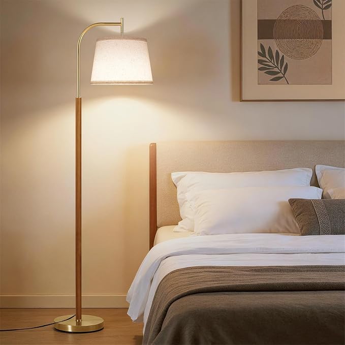 SUNMORY Wood Floor Lamp for Living Room, Mid Century Modern Arc Floor Lamps | 3 Color Temperatures, 9W/800lm LED Bulb, Adjustable Linen Shade, Gold Standing Tall Reading Light for Bedroom Corner Office