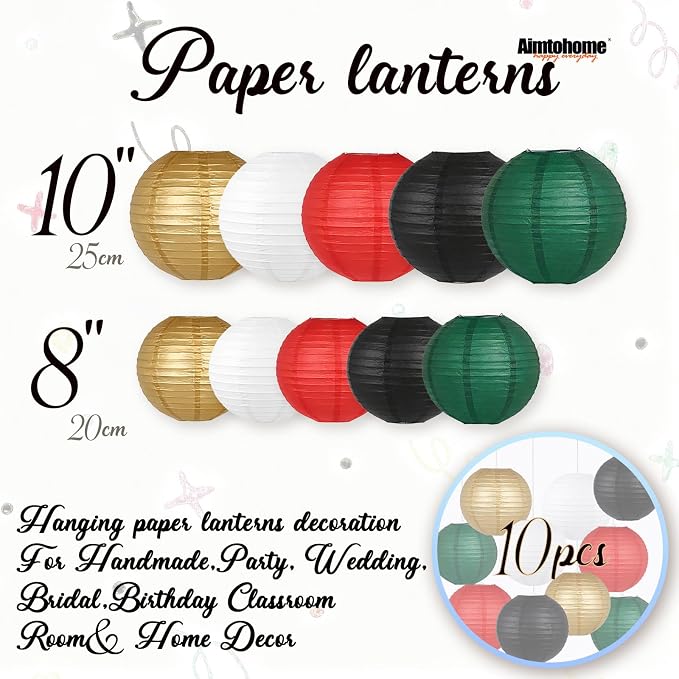 10 Pcs Paper Lanterns Decor, 8 & 10 Inch Hanging Round Lanterns in Red Black White Green Gold, hanging lantern for Wedding, Christmas, Classroom, Movie Night,Casino Party Decorations