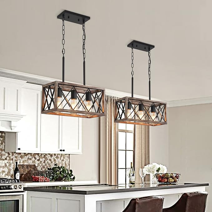 KEESFU 3-Light Farmhouse Light Fixtures, Dining Room Light Fixture | Farmhouse Kitchen Light Fixtures for Kitchen Island, Over Sink & Dining Table; Adjustable Height, Wood Grain Color;E26 Base