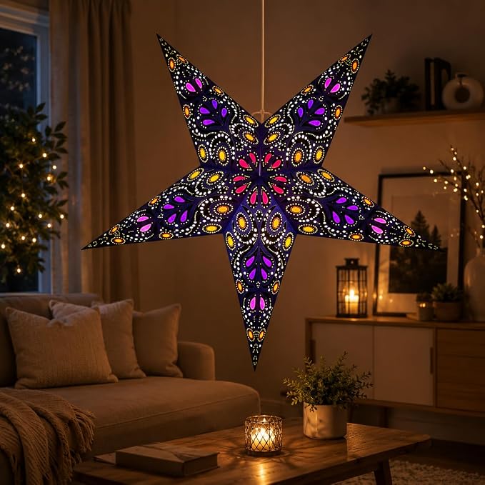 Lantern Lampshade Paper Star Light Shades Large 60cm Hanging Decorations for Christmas Wedding Home Decoration Birthday Party Foldable 5 Pointed Star (Blue, Black, Yellow)