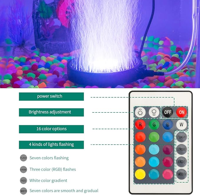 Aquarium Bubble Light LED Fish Tank Bubbler Light, Remote Controlled Aquariums Air Stone Disk Lamp with 16 Color Changing, 4 Lighting Effects for Tanks and Ponds