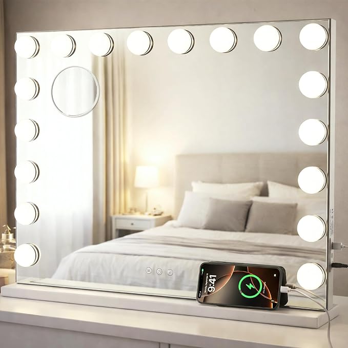 Large Vanity Mirror with Lights, 26"x20.9" Hollywood Mirror with 10X Magnification, 18 Dimmable LED Bulbs & 3 Color Lighting Modes Desk Wall-Mounted Makeup Vanity Mirror