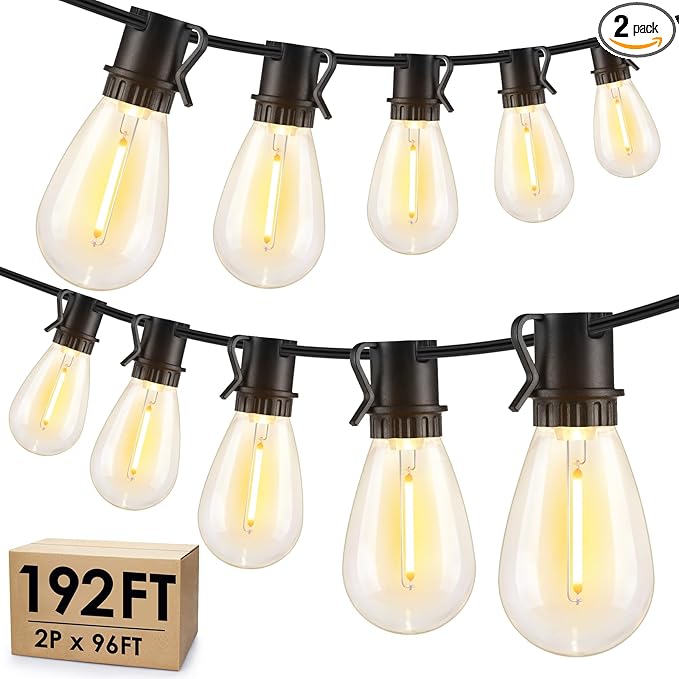 192FT(2x96FT) LED Outdoor String Lights, Patio Lights with 60+3 Shatterproof Waterproof 2700K Dimmable Bulbs, Linkable Light for Balcony-Black