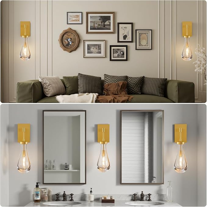 Raindrop Brass Crystal Wall Sconce: Set of 2 Gold Bathroom Decor Sconces | Clear Solid Indoor Large Lights with Bulb, Luxury Modern Light Fixture, Dimmable Vanity Lamp for Living Room Bedroom Bedside
