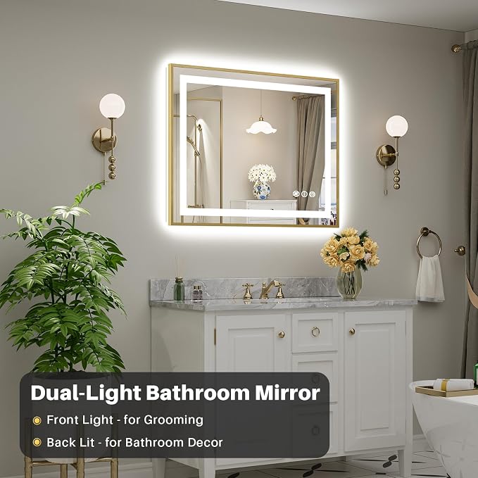 40x32 Inch LED Bathroom Mirror with Gold Frame, Backlit & Front Lit | Anti-fog, 3 Color Dimmable, Memory Function, HD Reflection Tempered Glass, ETL Listed, IP54 Waterproof