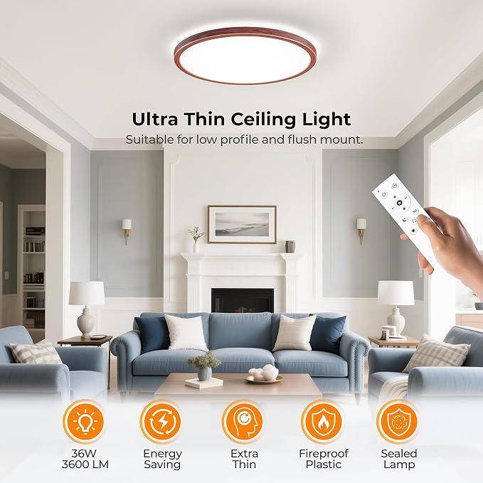 Dimmable LED Flush Mount Ceiling Light Fixture with Remote Control, 12Inch 3000K-6500K Light Color Adjustable, Modern Ultra-Thin Ceiling Lamp for Bedroom Kitchen, Wired